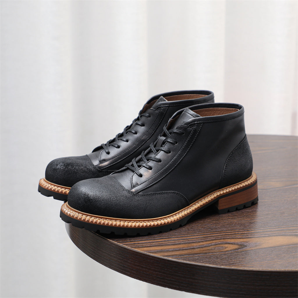 Men's Leather Textured Cap Toe Lug Sole Lace-Up Boots