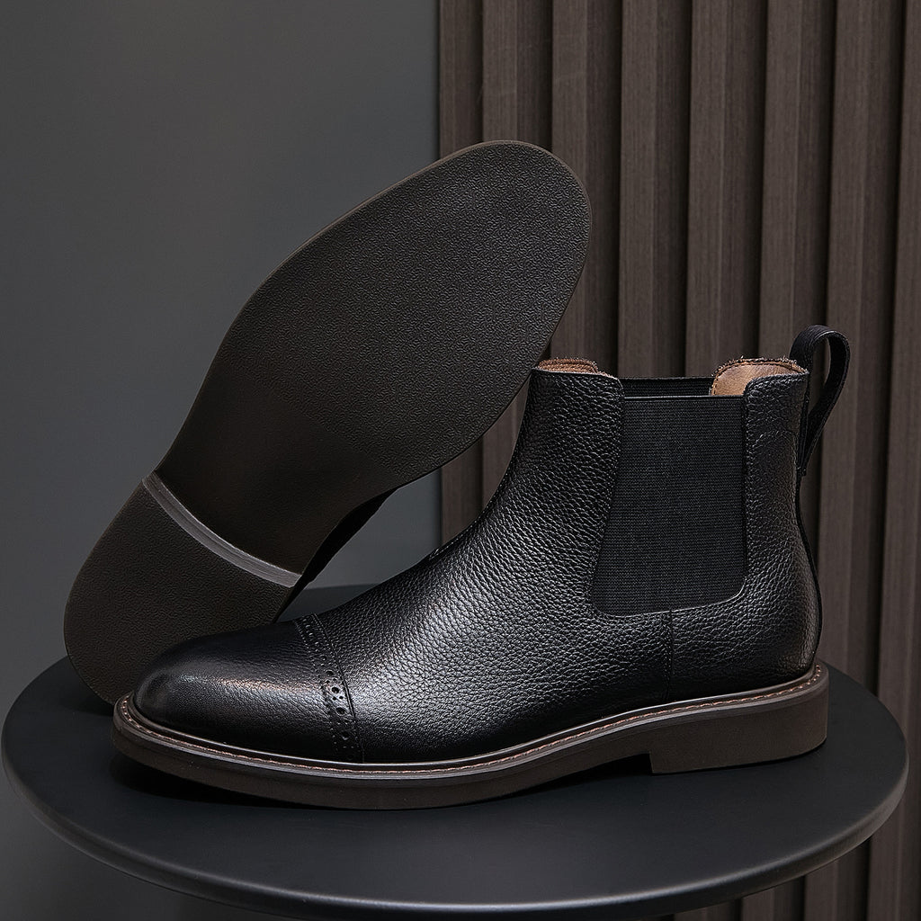 Men's pointed-toe Chelsea dress boots in black, side elastic gore, stacked sole