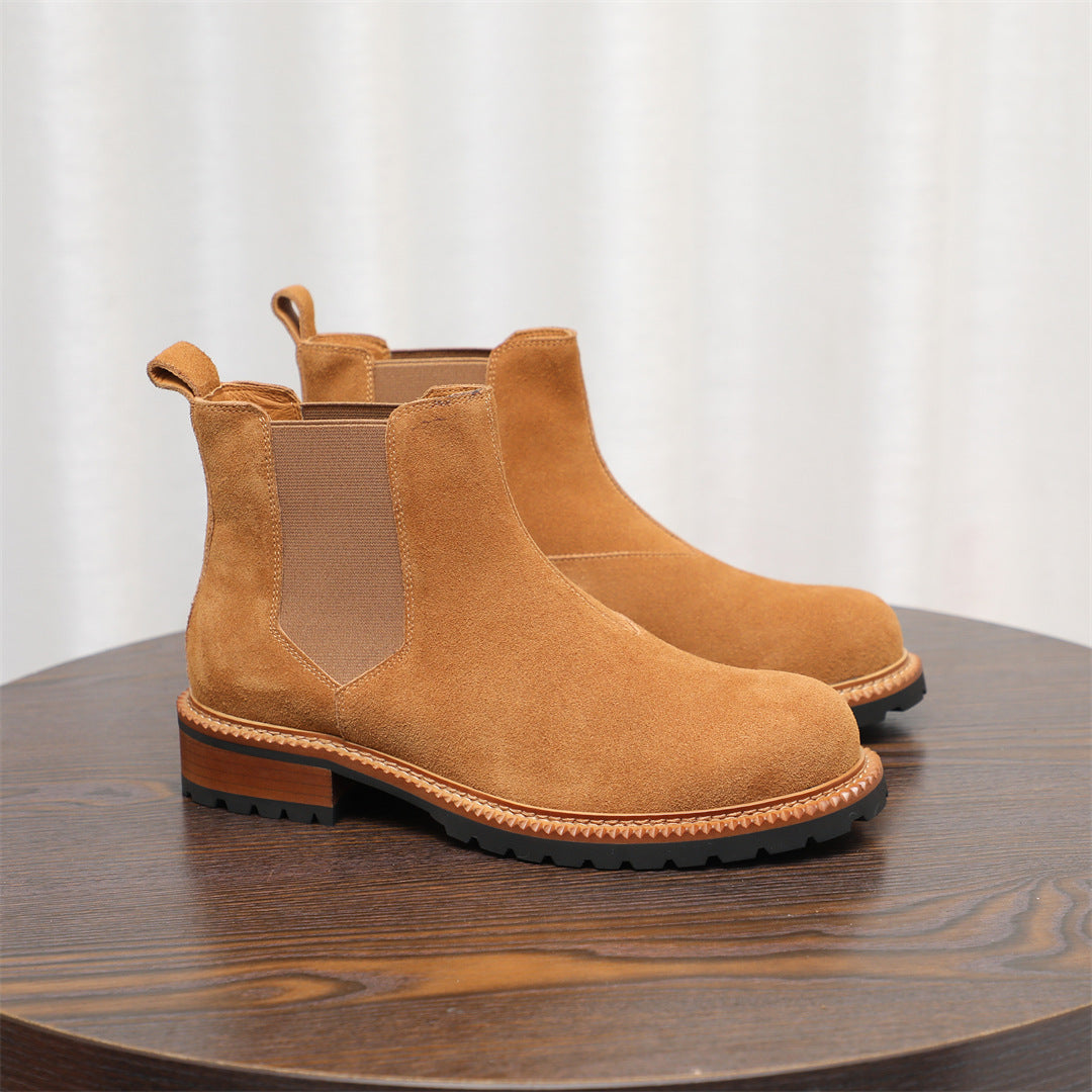 Round Plain Toe Suede Contrast-Welt Chelsea Boots for Men