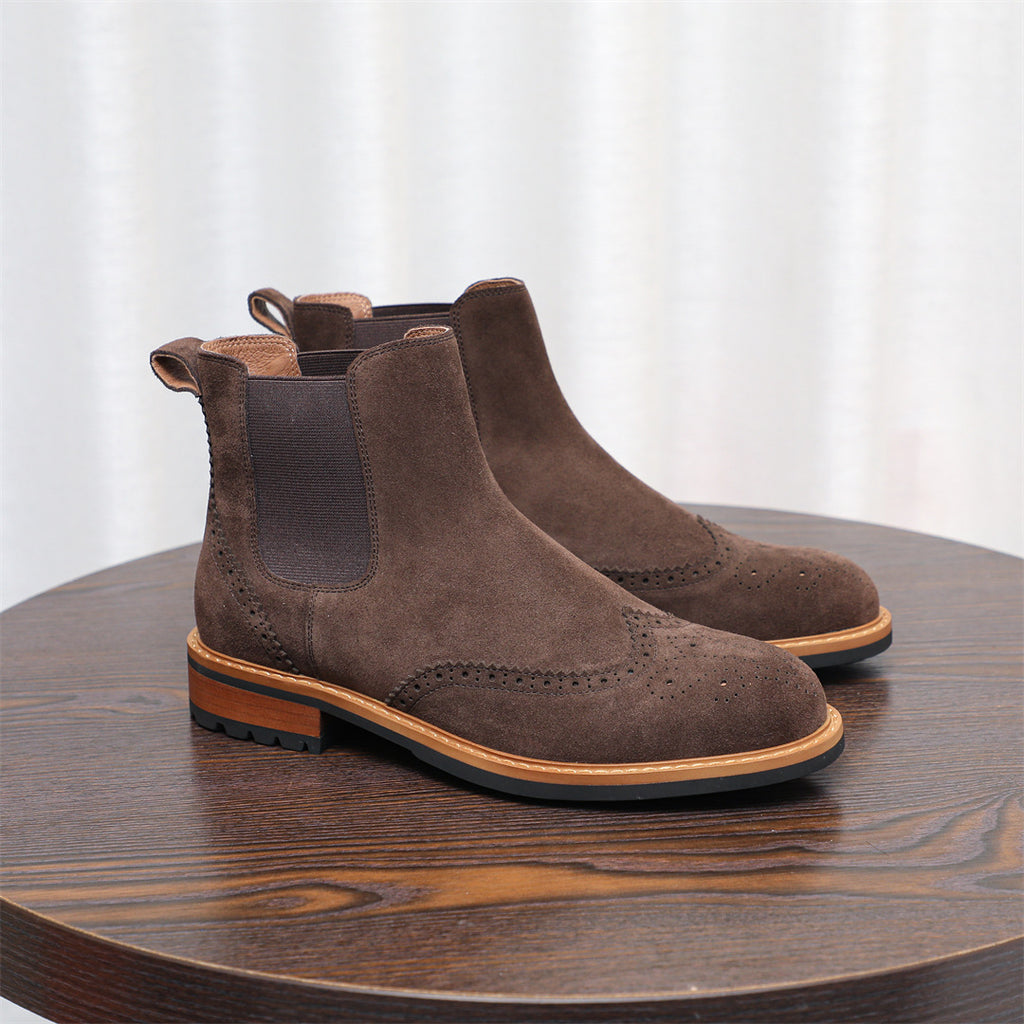 Men's dark brown suede chelsea dress boots with pointed toe and side elastic panels