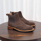 Men's dark brown suede chelsea dress boots with pointed toe and side elastic panels