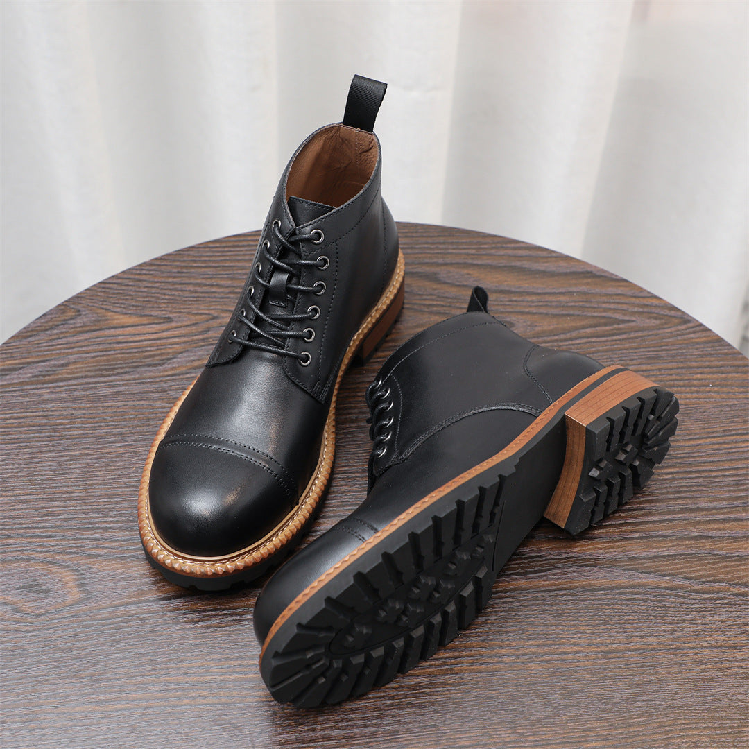 Cap Toe Leather Contrast-Welt Lace-Up Boots for Men