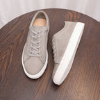 Gray suede leather sneaker pair, side and heel views with white platform soles