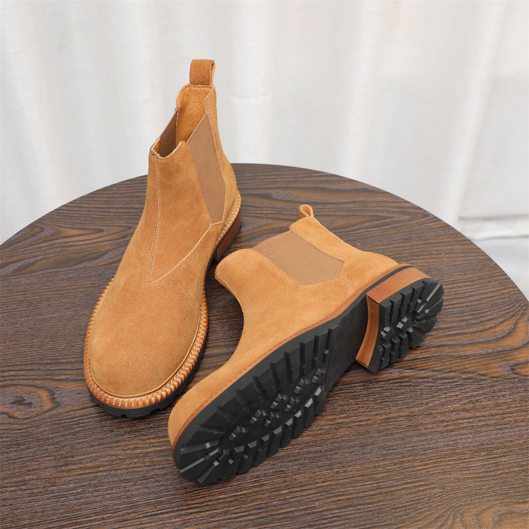 Round Plain Toe Suede Contrast-Welt Chelsea Boots for Men