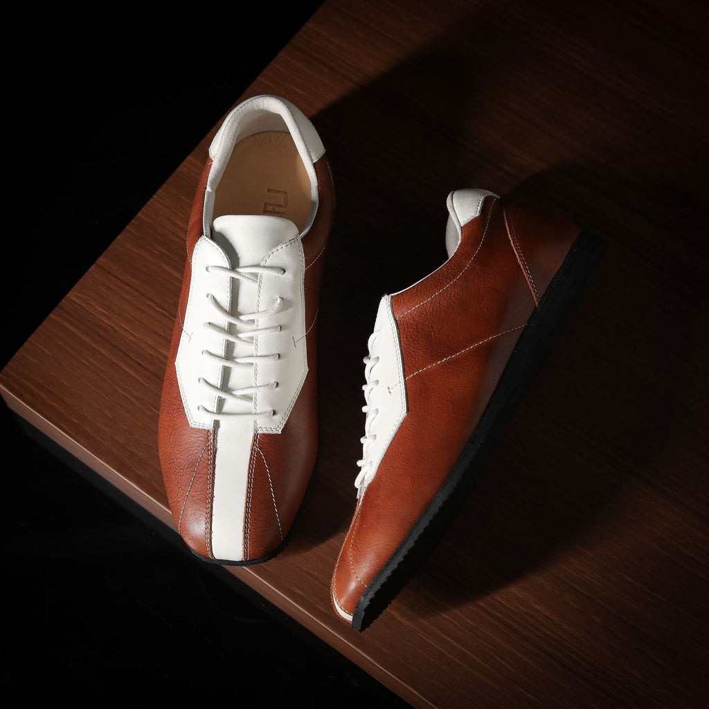Men’s leather sneakers, brown upper with white side panels, lace-up casual shoes