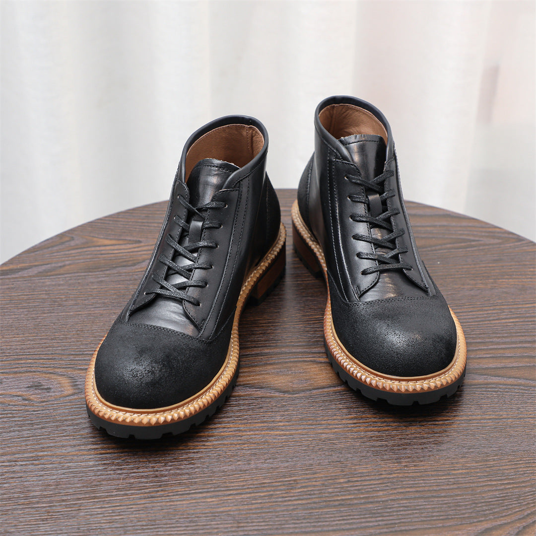 Men's Leather Textured Cap Toe Lug Sole Lace-Up Boots