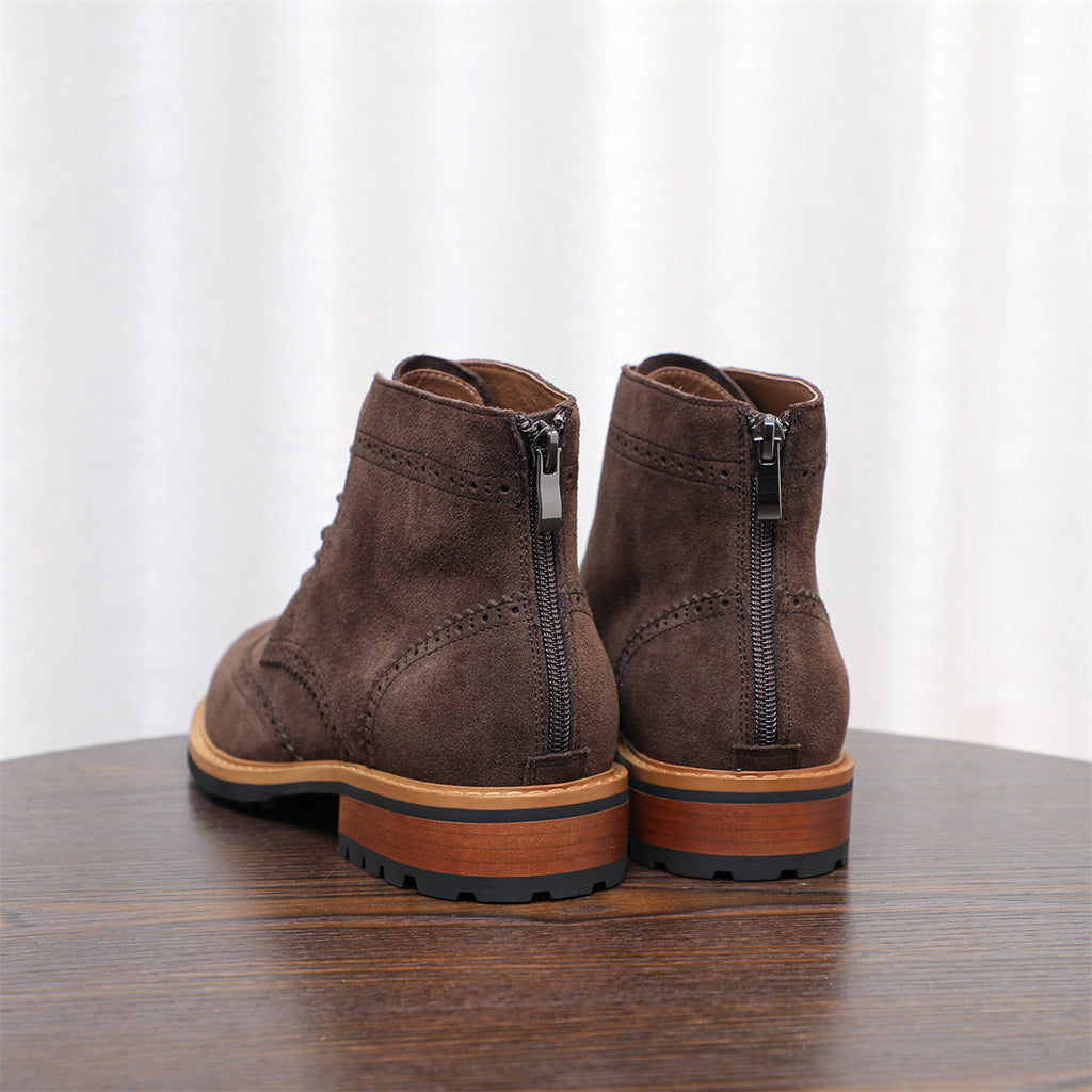Wingtip Brogue Suede Back-Zip Lace-Up Boots for Men