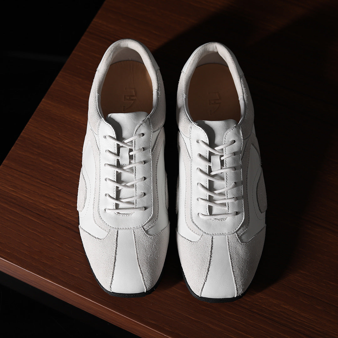 Men's genuine leather lace-up sneakers, white leather upper with lace front, low sole