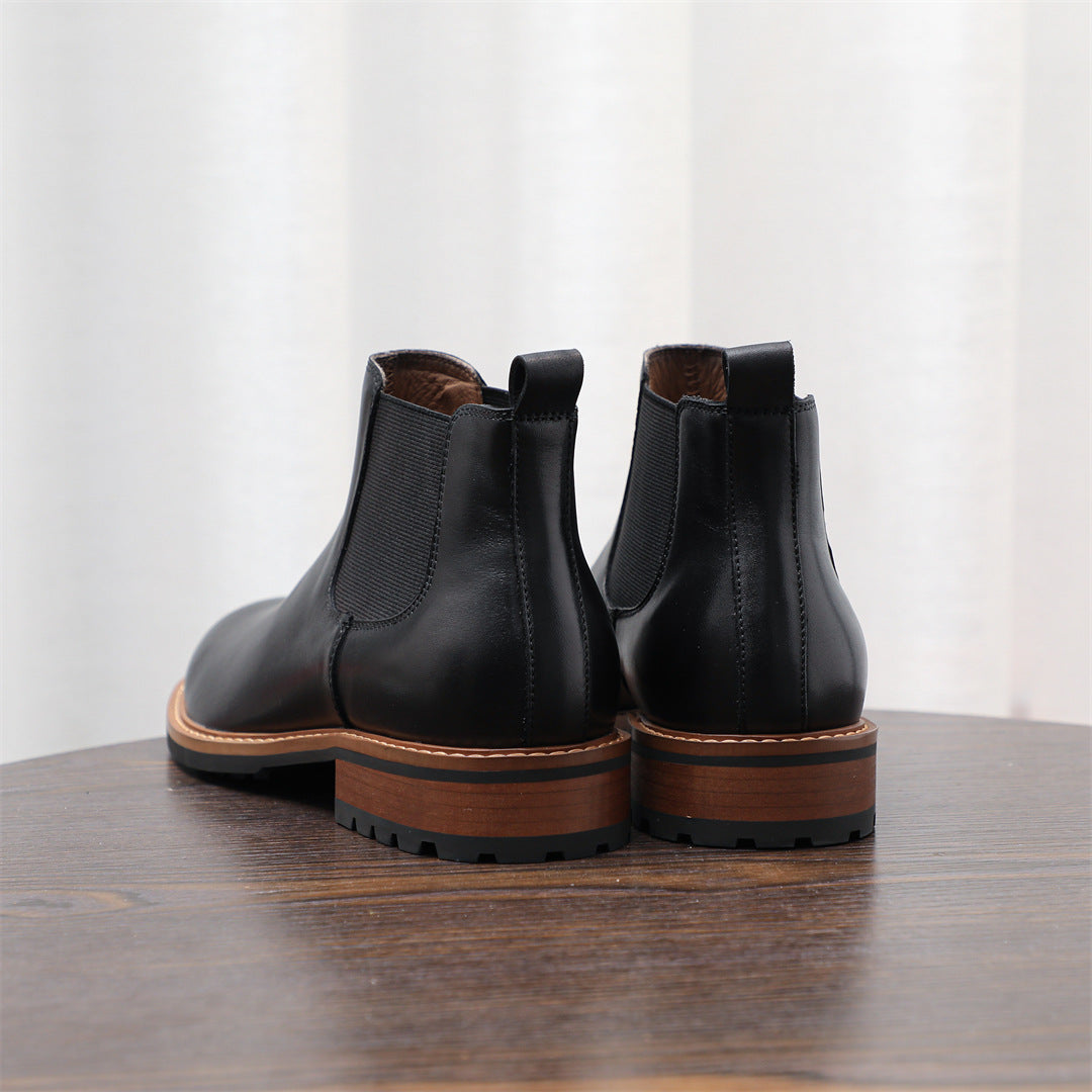 Round Plain Toe Leather Lug Chelsea Boots for Men