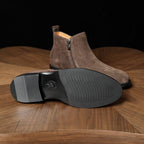 Men's dark gray suede side-zip dress boots with treaded sole