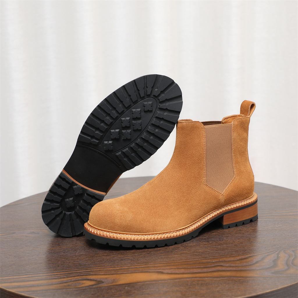 Round Plain Toe Suede Contrast-Welt Chelsea Boots for Men