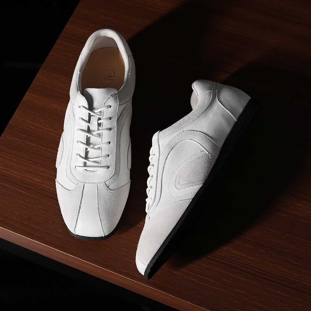 Men's genuine leather lace-up sneakers, white leather with lace-up and side panel detail