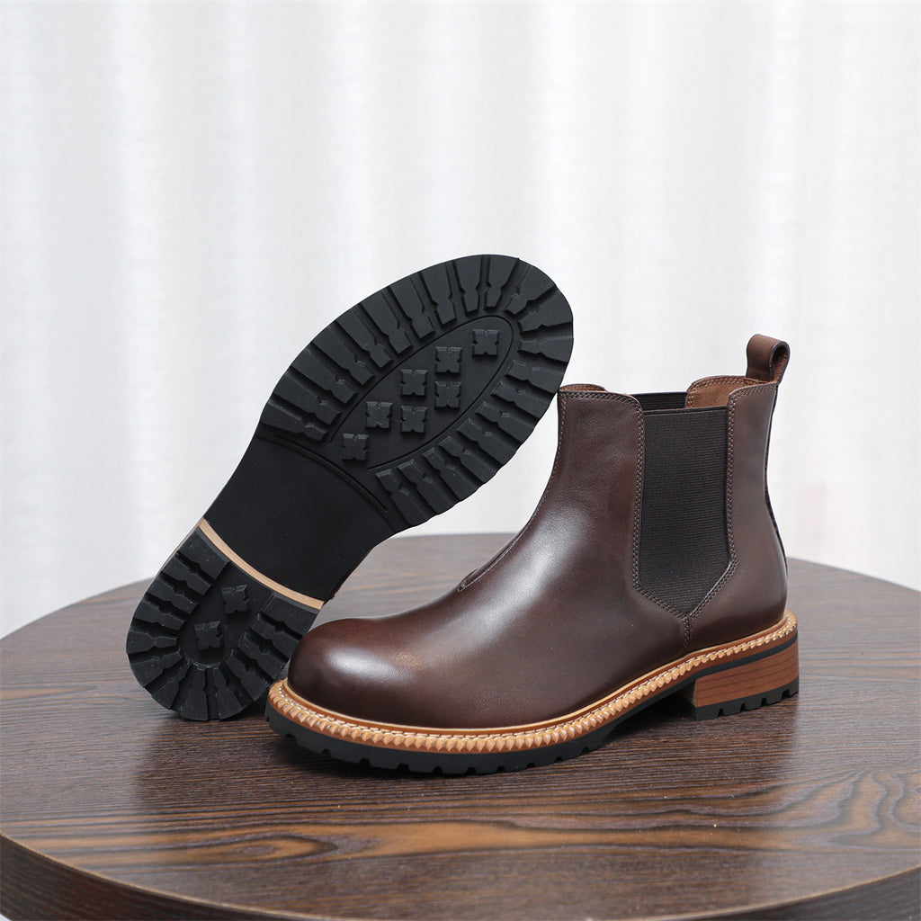 Men's pointed-toe Chelsea dress boots in dark brown, elastic side panels, rugged sole