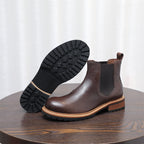 Men's pointed-toe Chelsea dress boots in dark brown, elastic side panels, rugged sole