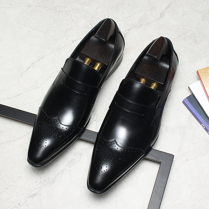 Brogue Slip-On Men's Business Casual Loafers Pointed Toe Dress Shoes