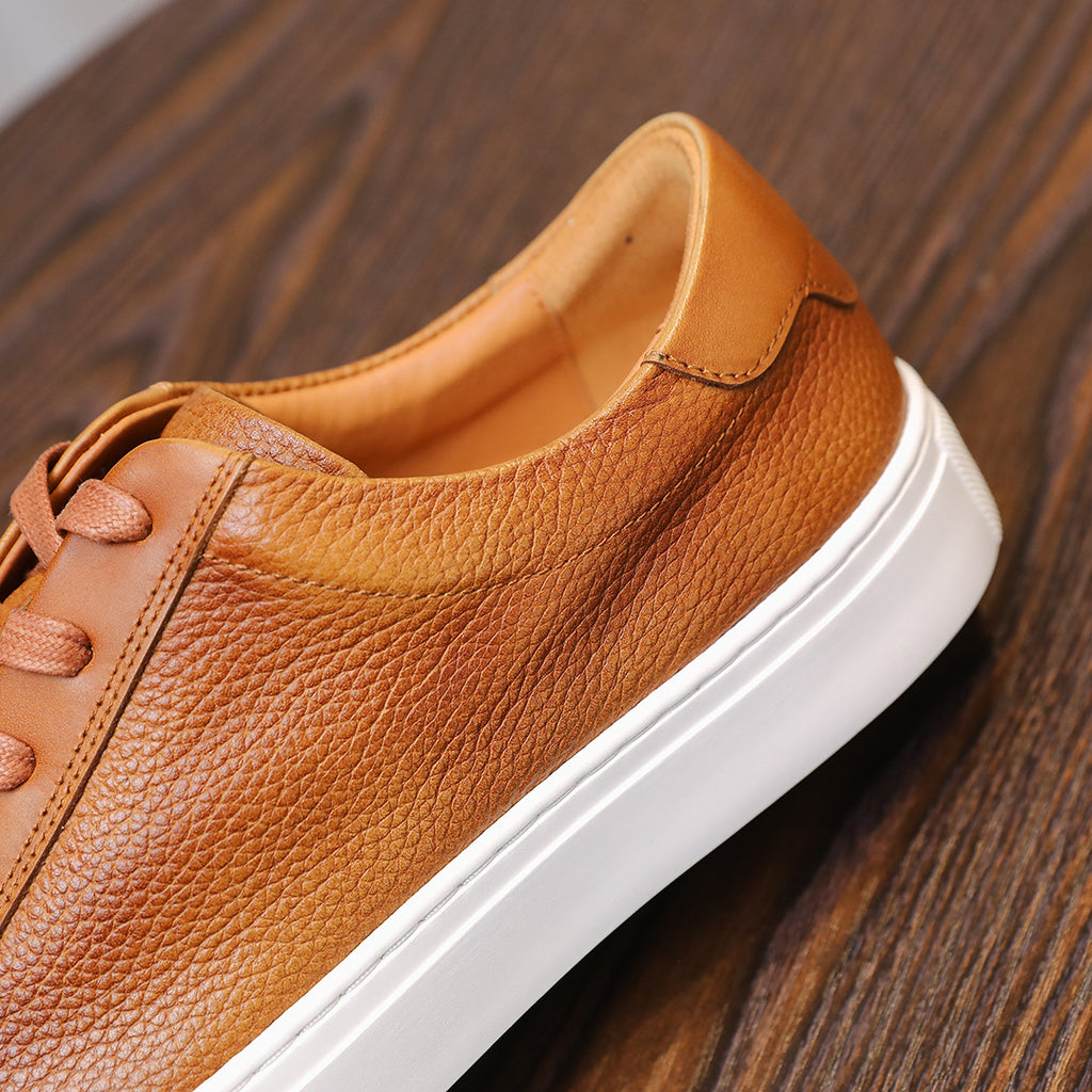 Men's leather sneakers, brown/cognac, leather toe and white sole edge