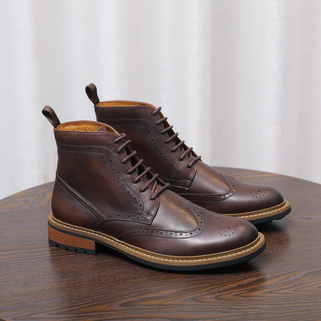 Wingtip Brogue Leather Back-Zip Lace-Up Boots for Men