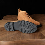 Men's suede chukka boots, lace-up design, plain toe, rugged tread sole, tan view.
