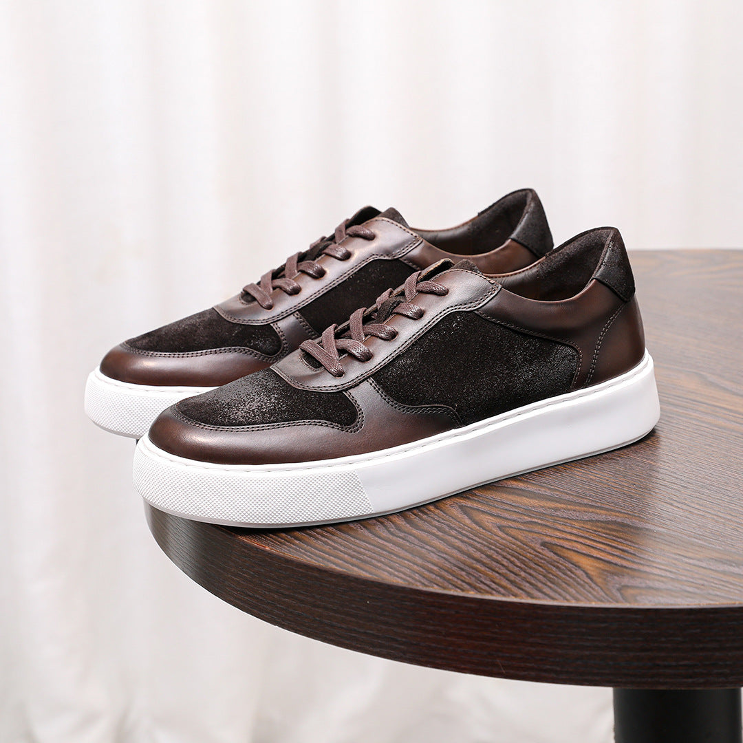 Men's leather sneakers in brown, lace-up low-top with white rubber sole