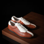 Men’s leather sneakers, brown and white color-block, lace-up with low profile sole