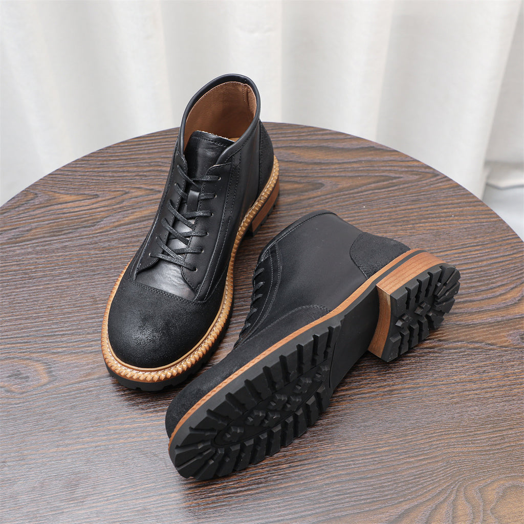 Men's Leather Textured Cap Toe Lug Sole Lace-Up Boots