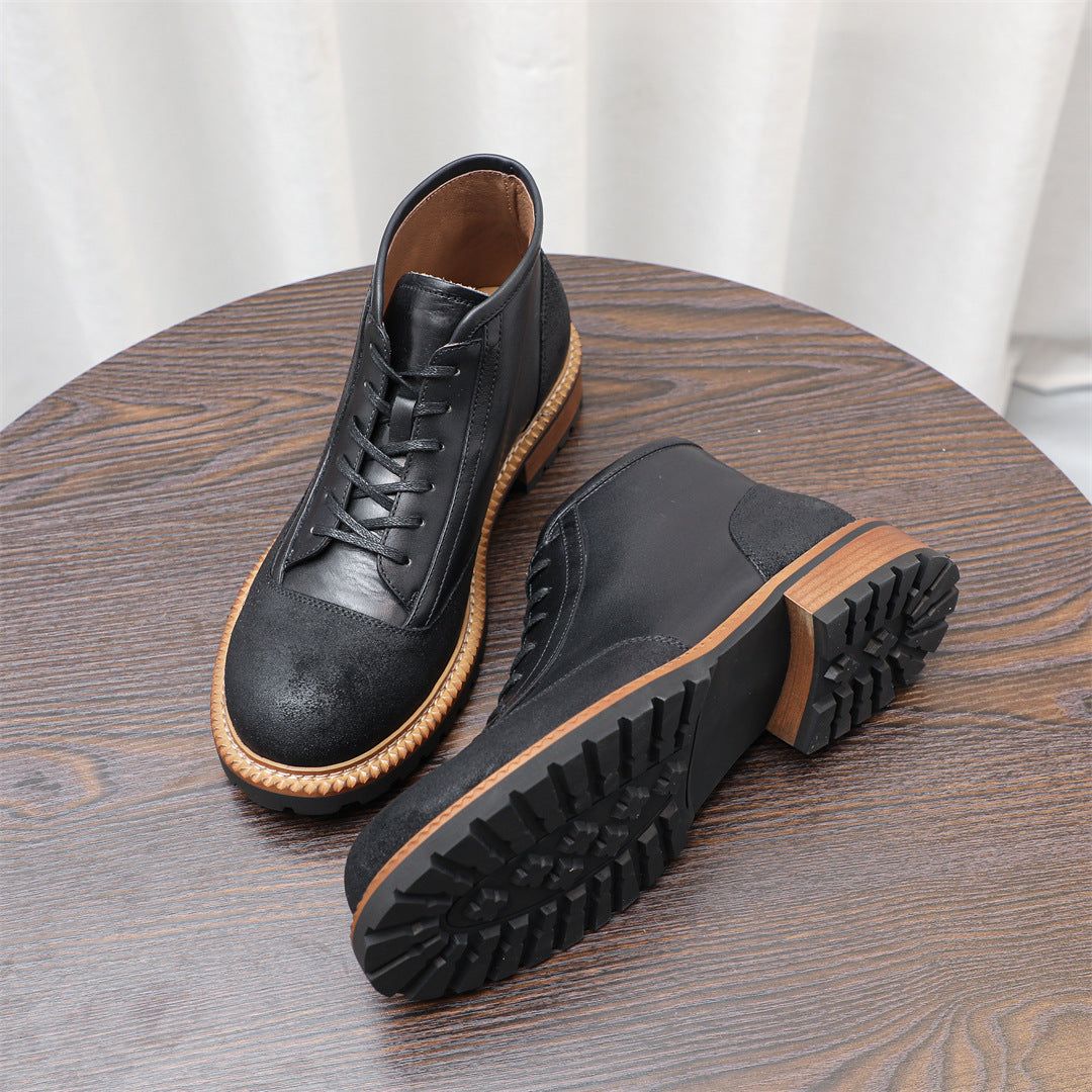 Men's Leather Textured Cap Toe Lug Sole Lace-Up Boots