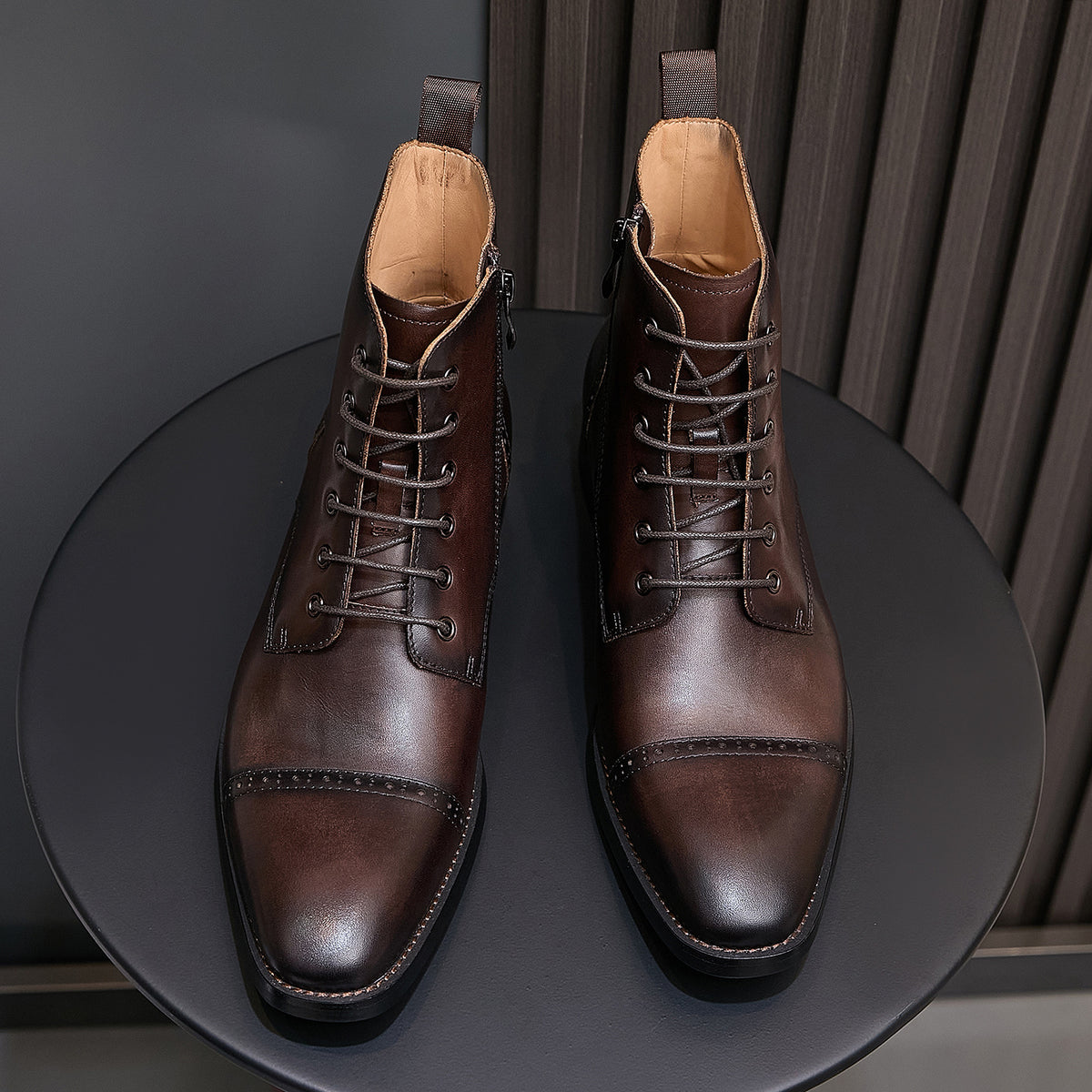 Men's pointed-toe leather dress boots in dark brown, lace-up front with side zipper