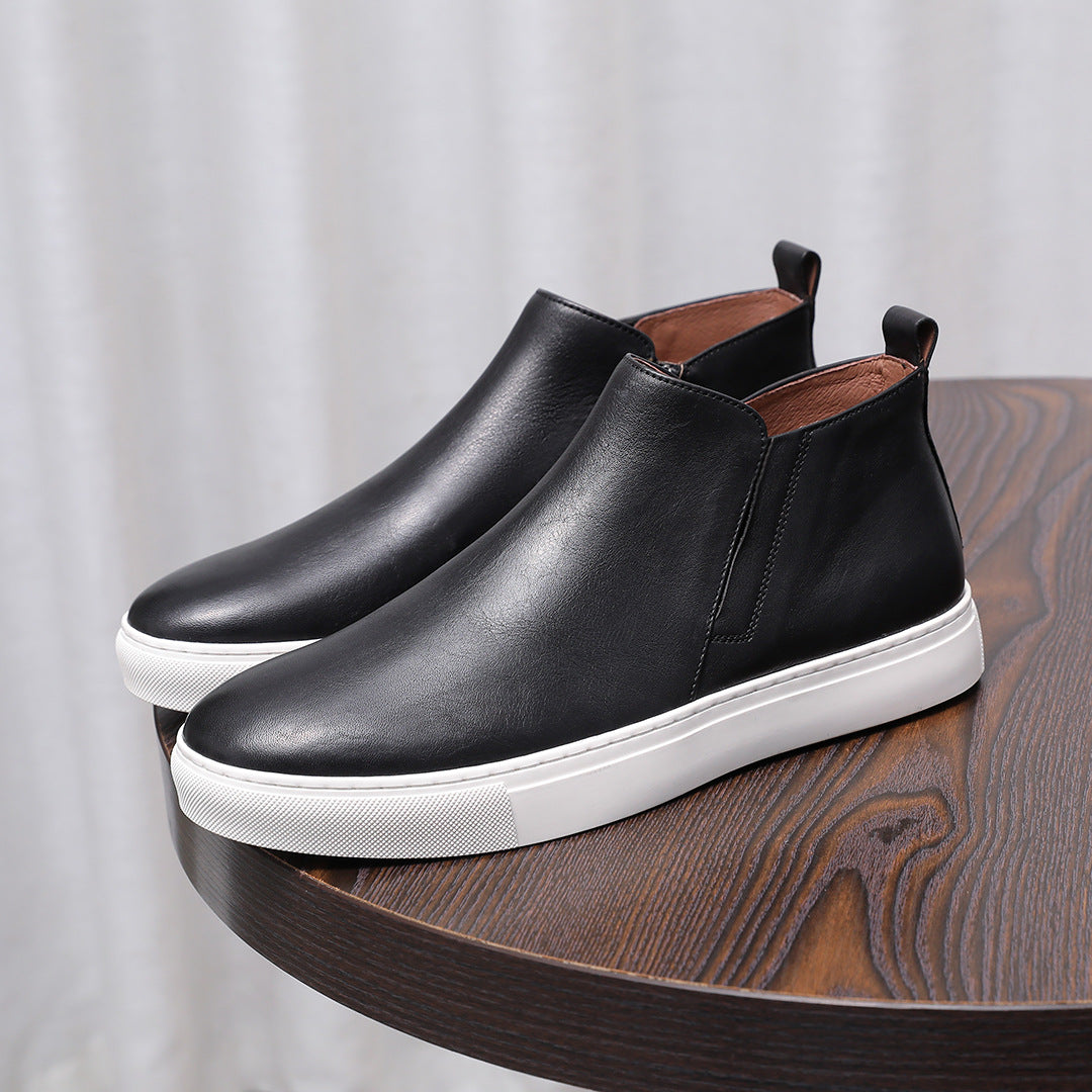Men's point-toe leather side-zip dress boot, black leather with white sole and brown lining