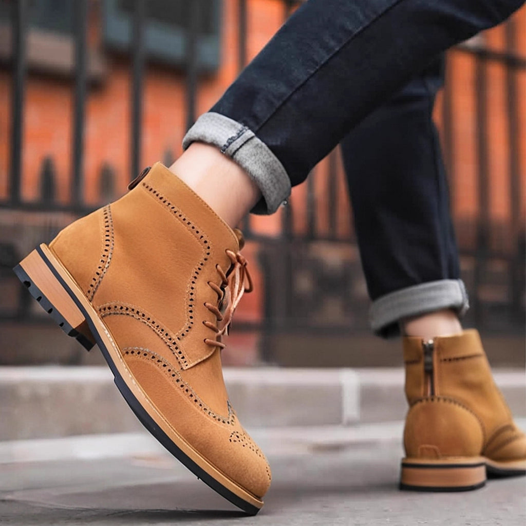 Wingtip Brogue Suede Back-Zip Lace-Up Boots for Men