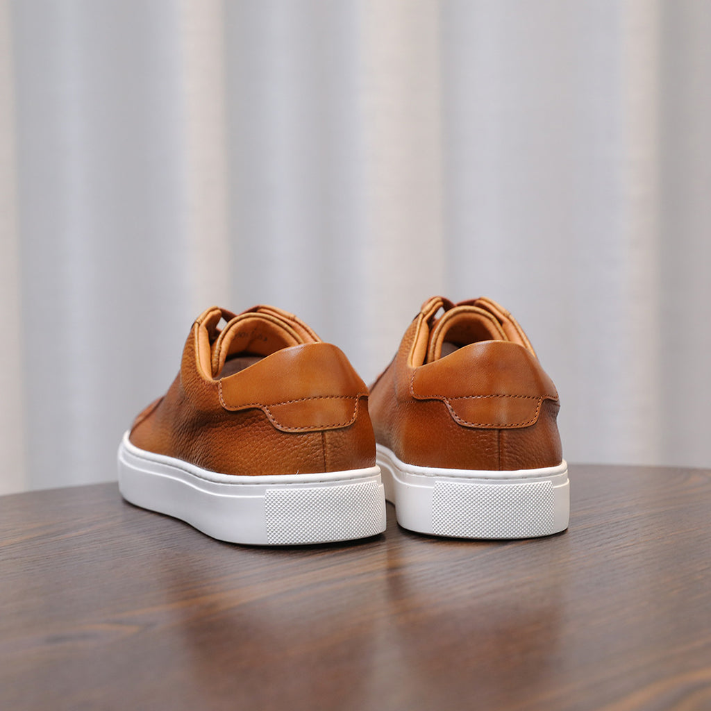Men's leather sneakers, brown/cognac, heel view with hook-and-loop strap