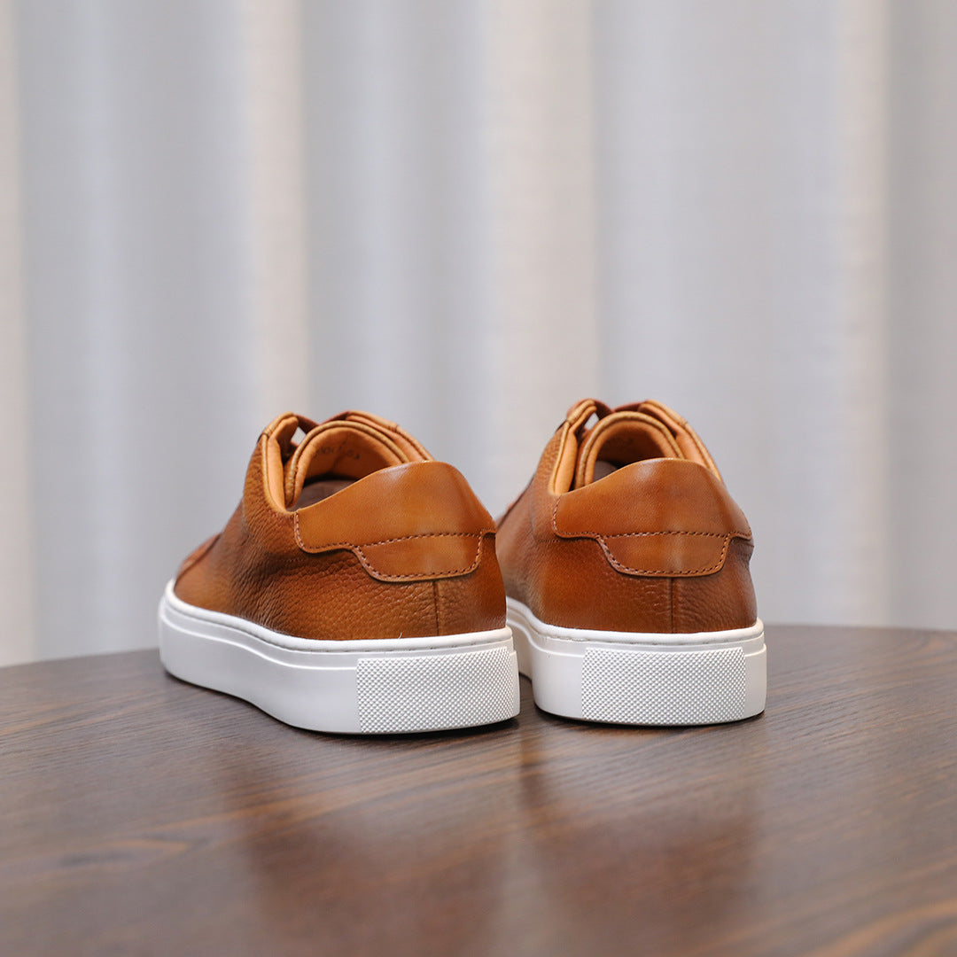 Men's leather sneakers, brown/cognac, heel view with hook-and-loop strap