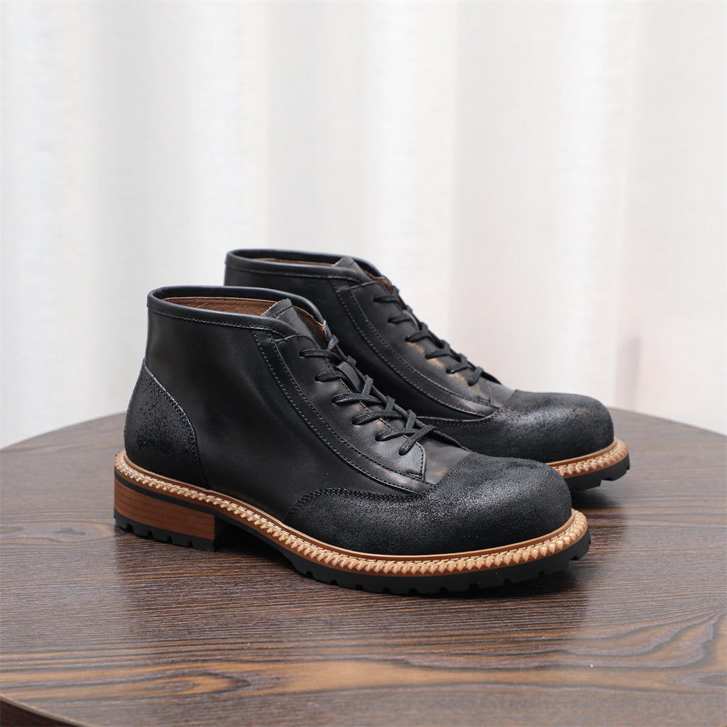 Men's Leather Textured Cap Toe Lug Sole Lace-Up Boots