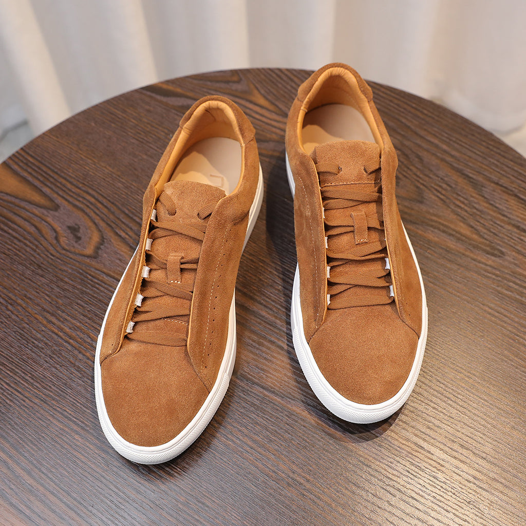 Men's brown suede leather sneakers, lace-up with white rubber sole