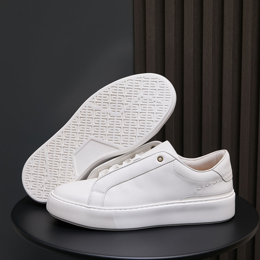 White leather sneakers with white outsole and textured tread pattern underside