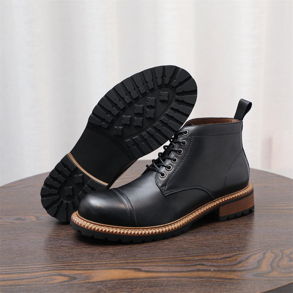 Cap Toe Leather Contrast-Welt Lace-Up Boots for Men