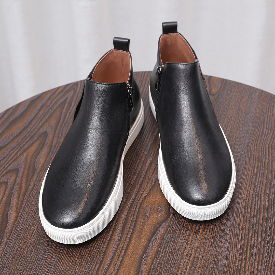 Men's point-toe leather side-zip dress boots, black uppers with side zipper and white edging