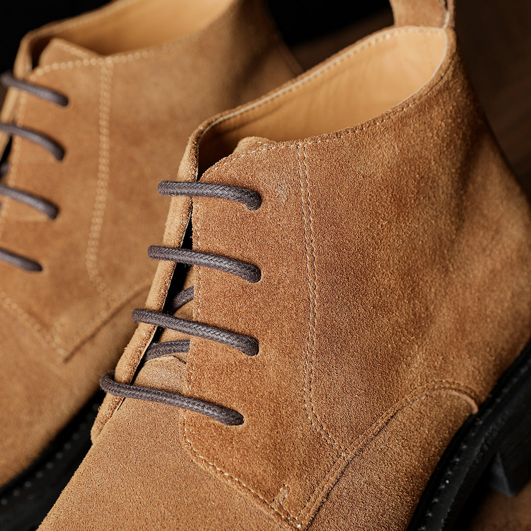 Men's brown suede lace-up chukka boots with 3-eyelet style and black sole