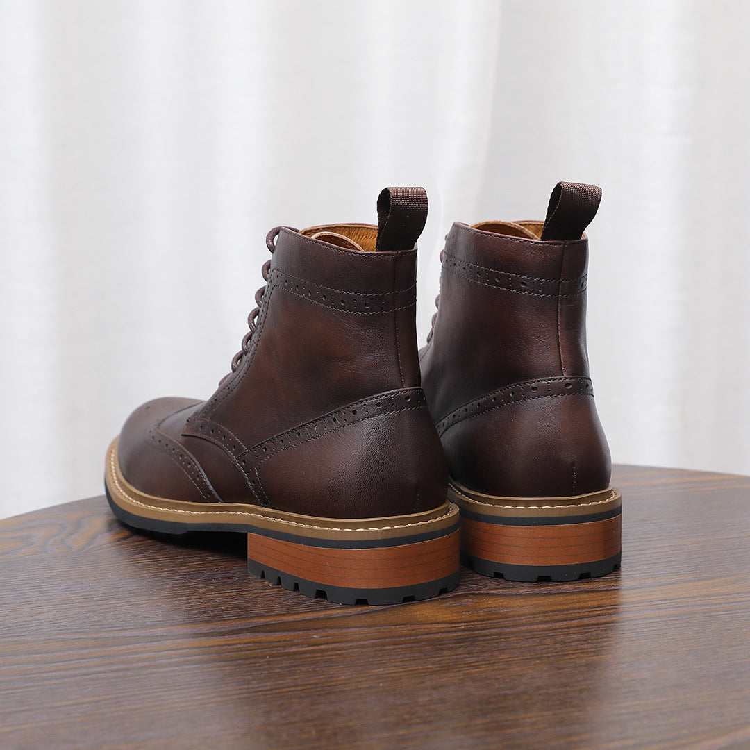 Brown leather lace-up chukka boots, side and heel view with contrast sole