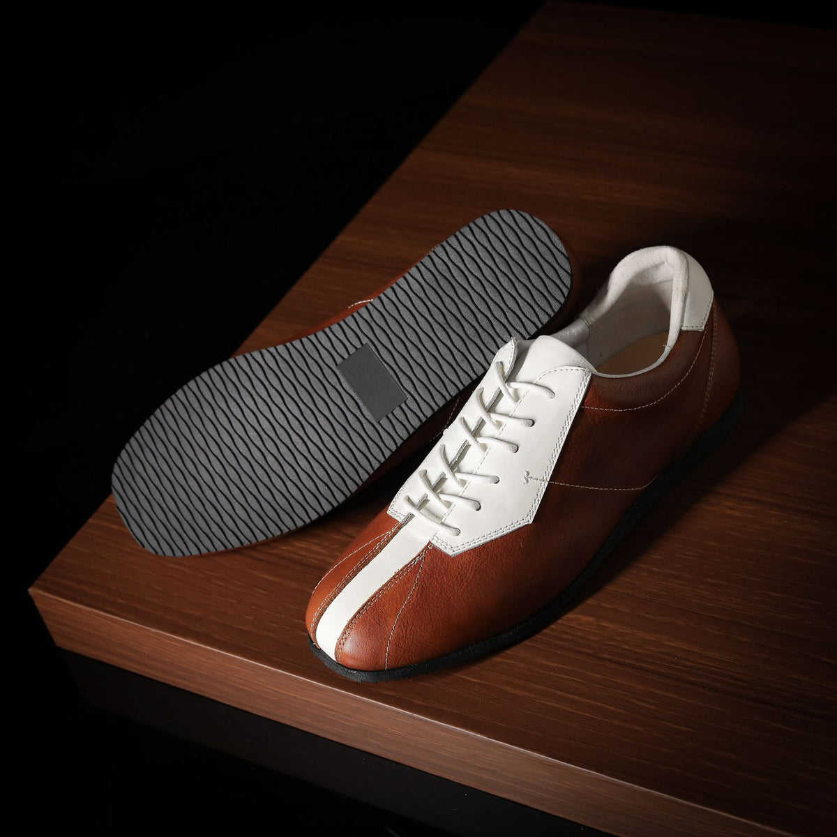 Men’s leather sneakers, brown and white lace-up shoes with textured rubber outsole
