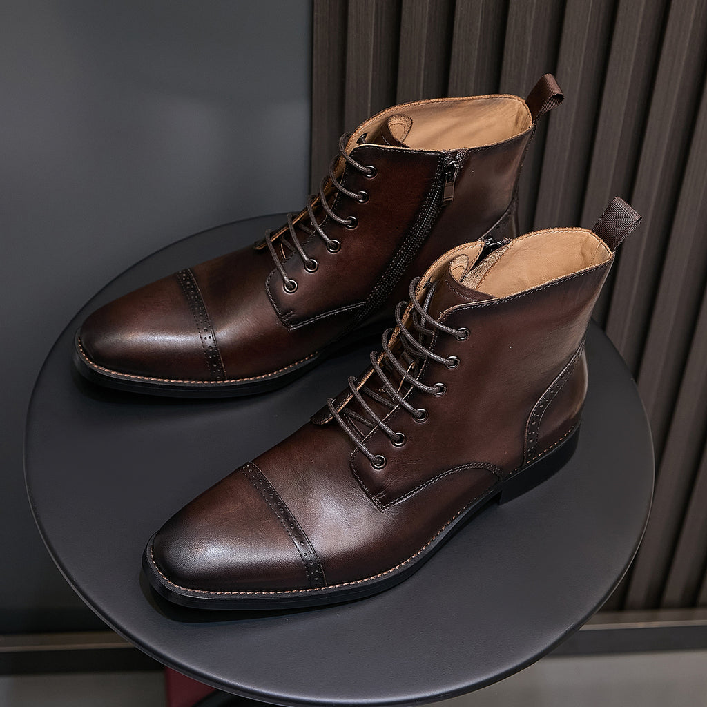 Dark brown leather pointed-toe ankle boots, lace-up front and side zipper, stacked heel