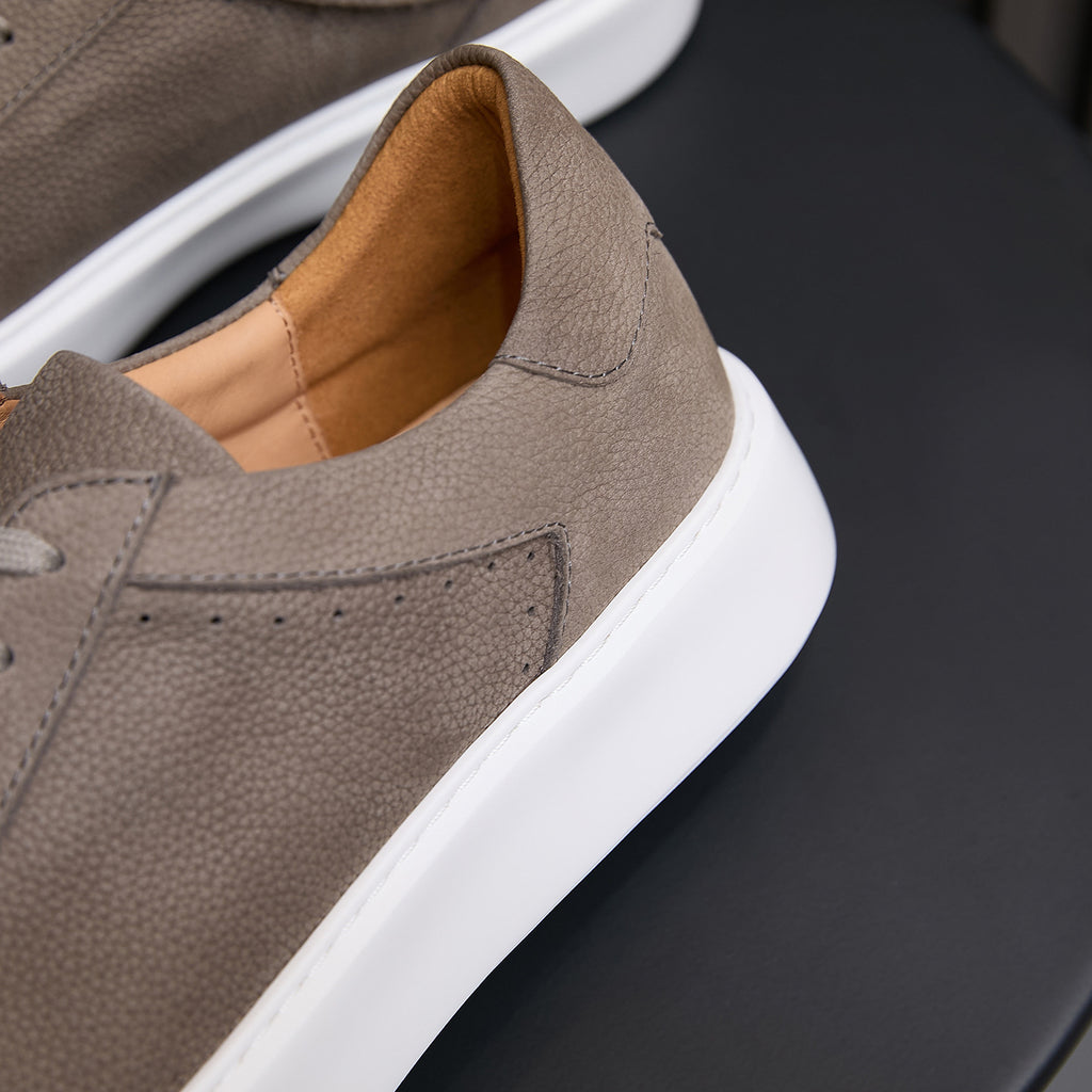 Men's gray leather sneakers, lace-up with white rubber sole