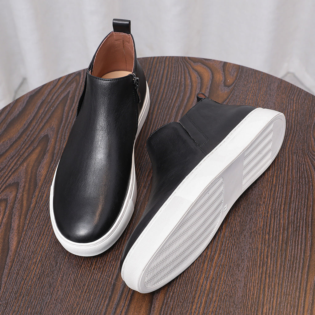 Men's point-toe leather side-zip dress boots, black leather with white contrast sole