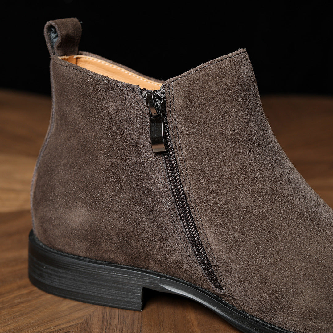 Men's point-toe leather side-zip dress boot in dark brown suede, side view