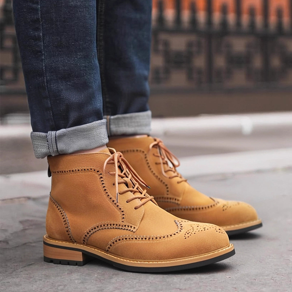 Wingtip Brogue Suede Back-Zip Lace-Up Boots for Men