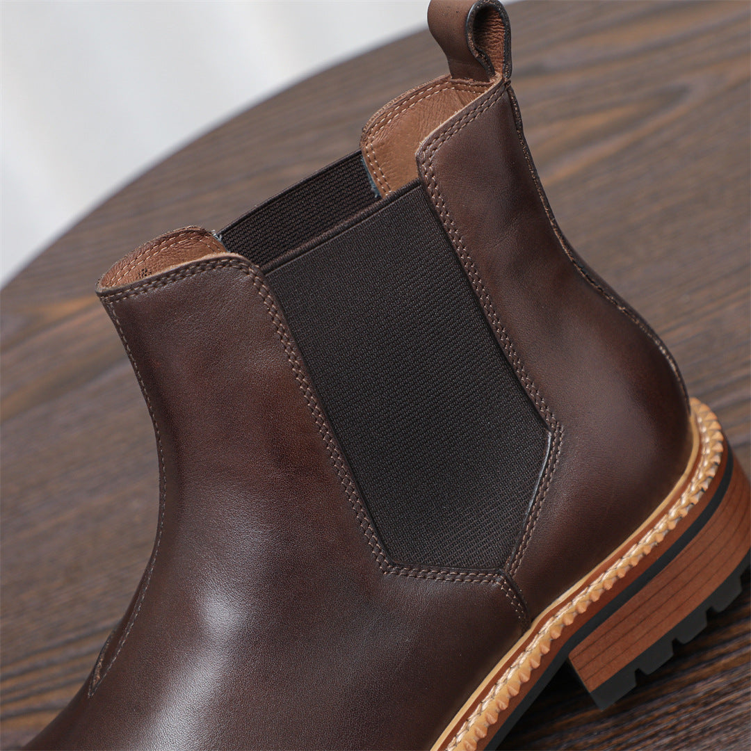 Men's pointed-toe Chelsea dress boots in dark brown, elastic inserts and cushioned side seam