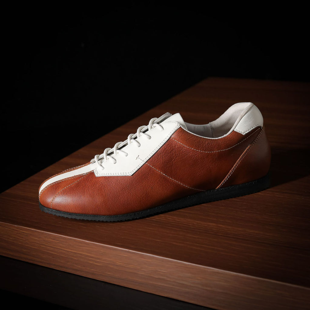 Men’s leather sneakers, brown leather with white toe and collar, lace-up casual shoe