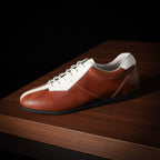 Men’s leather sneakers, brown leather with white toe and collar, lace-up casual shoe
