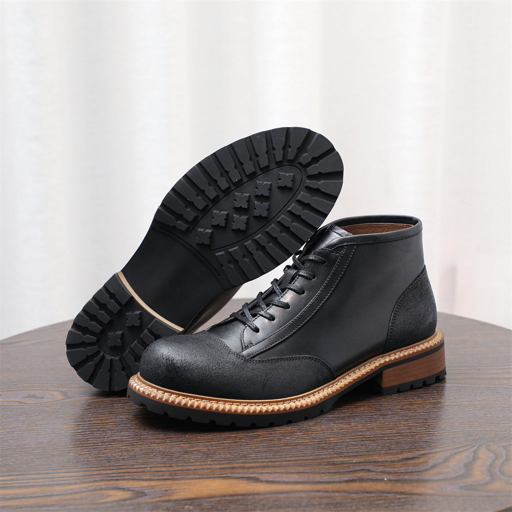 Men's Leather Textured Cap Toe Lug Sole Lace-Up Boots