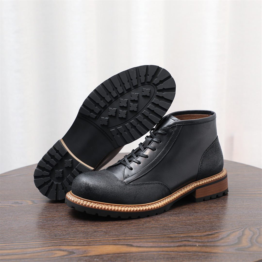 Men's Leather Textured Cap Toe Lug Sole Lace-Up Boots