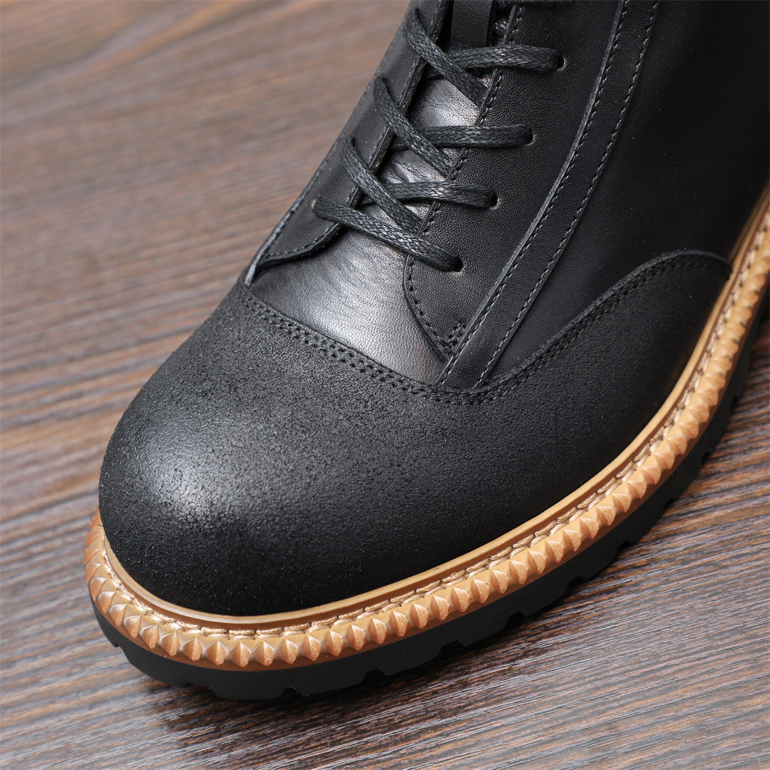 Men's Leather Textured Cap Toe Lug Sole Lace-Up Boots